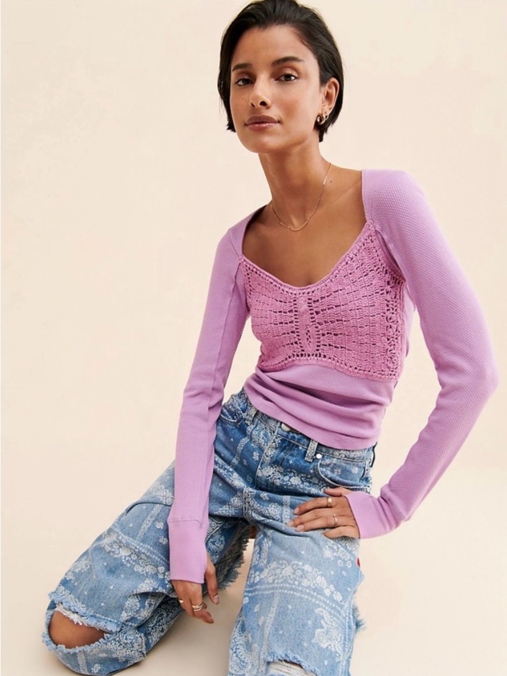 Free People purple butterfly Crochet Thermal cottage Boho waffle knit top M - Picture 2 of 8